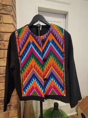 Vintage De...Colores Black Bomber Jacket with Vibrant Multicolor Embroidered